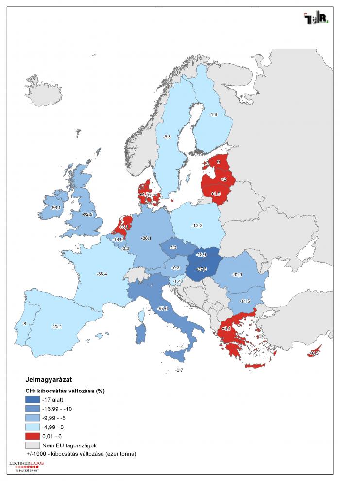 A mezőgazdaság metán (CH4) kibocsátásának változása az EU tagállamaiban