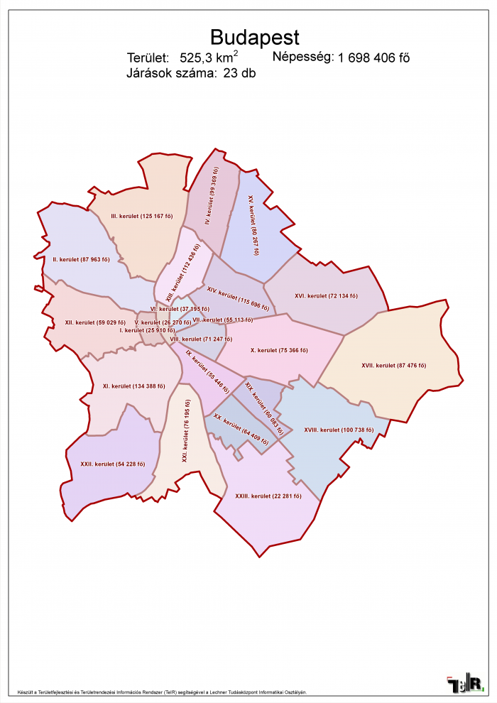 budapest terület térkép Budapest járásai (terület: 525,3 km2, népesség: 1 698 406 fő  budapest terület térkép
