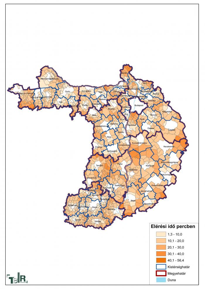 A kistérségközpontok elérési ideje a Duna menti megyékben