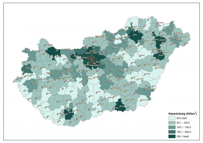A járások népsűrűsége