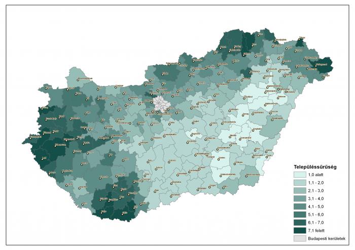 A járások településsűrűsége