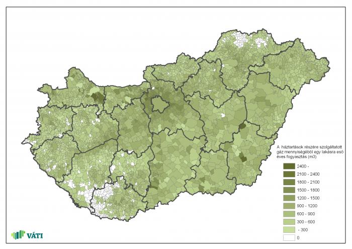 A háztartások részére szolgáltatott gáz mennyiségéből egy lakásra eső éves fogya