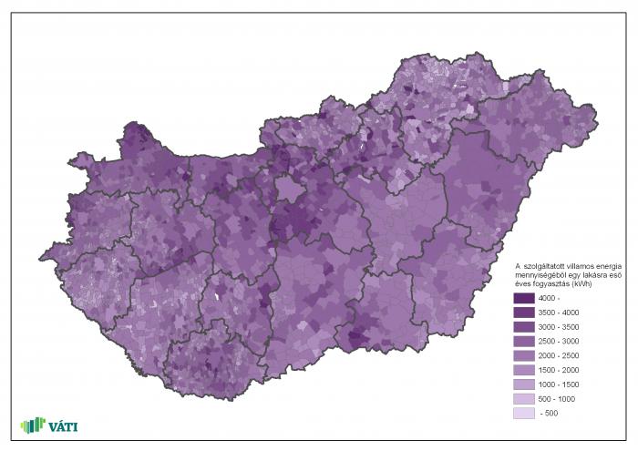 A szolgáltatott villamos energia mennyiségéből egy lakásra eső éves fogyasztás (