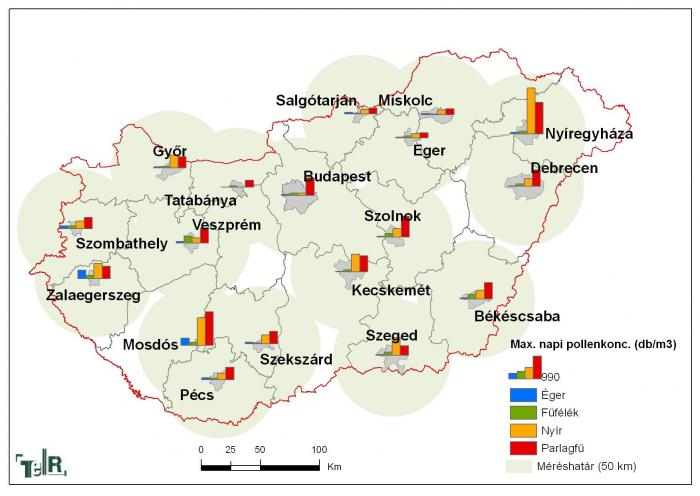 Allergén növények maximális napi pollenkoncentrációja 2009-ben