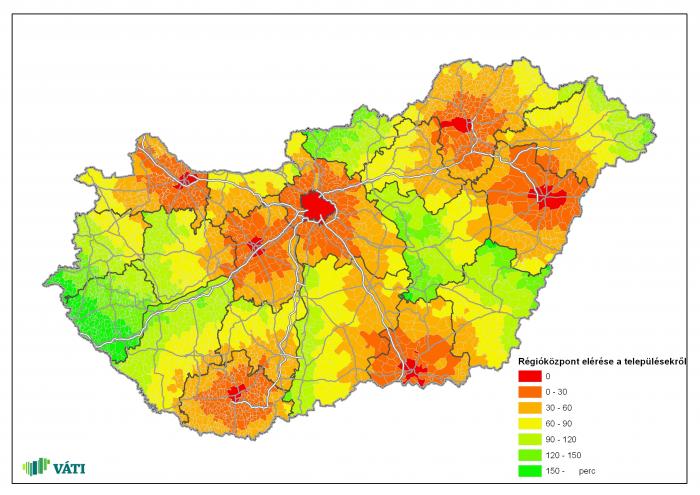 Régióközpont elérése a településekről