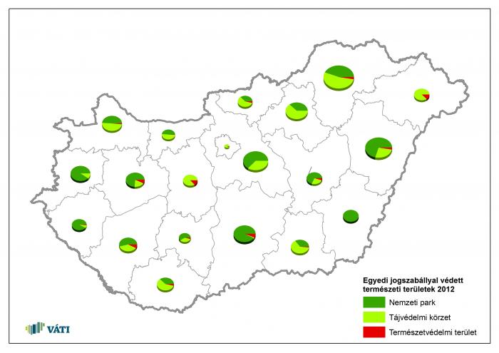 Egyedi jogszabállyal védett természeti területek eloszlása megyénként 2012