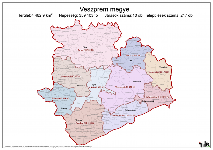 veszprém megye térkép Veszprém megye járásai (terület: 4 462,9 km2, népesség: 359 103 fő  veszprém megye térkép